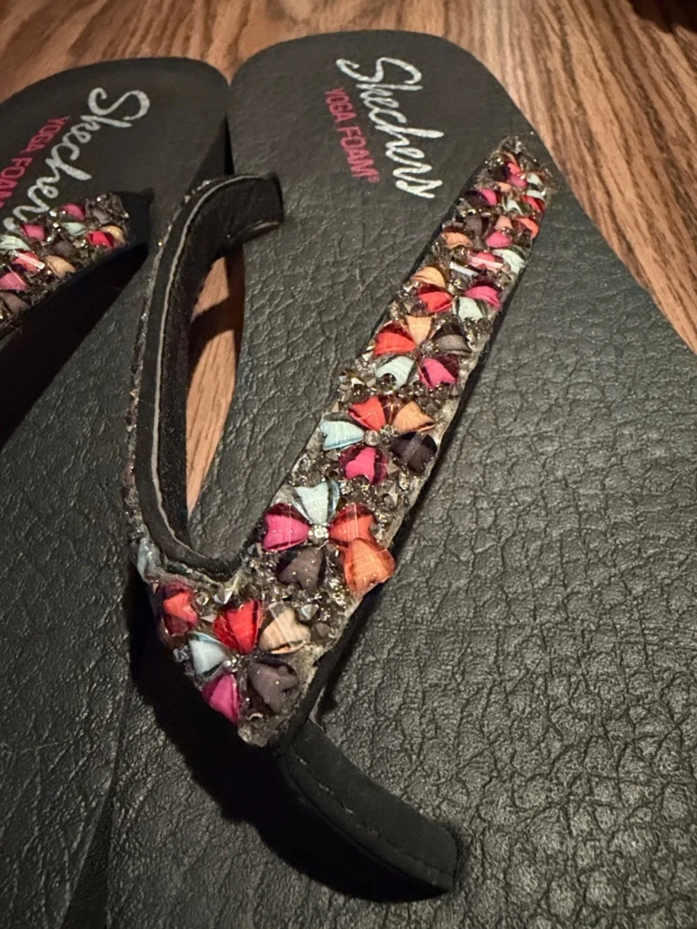 Skechers Black Sandals Bejeweled with Pink Blue Green Details